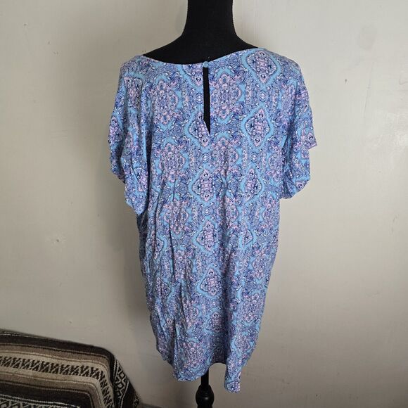 Marina Luna Blouse Plus Size 2X Blue Pink Damask Print Hi Low Hem Top SOLD ON EB - Picture 5 of 10